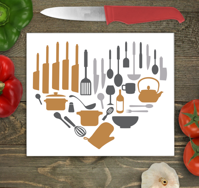 Utensil Heart Large Glass Chopping Board - Coloured - Click Image to Close